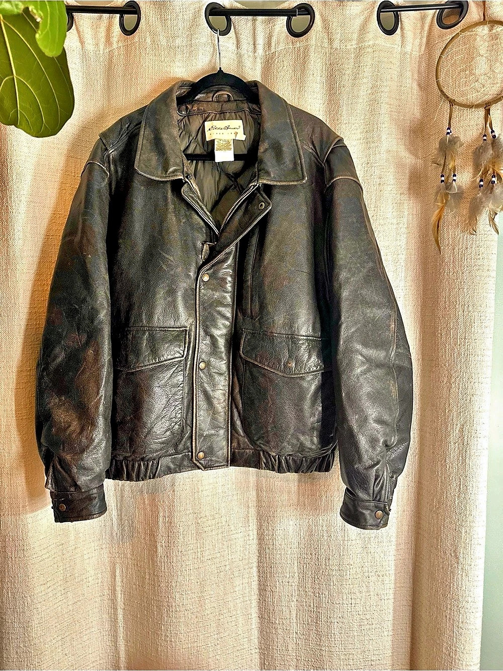 Vintage Eddie Bauer Brown Goose DownLeather Bomber Jacket Black 1990